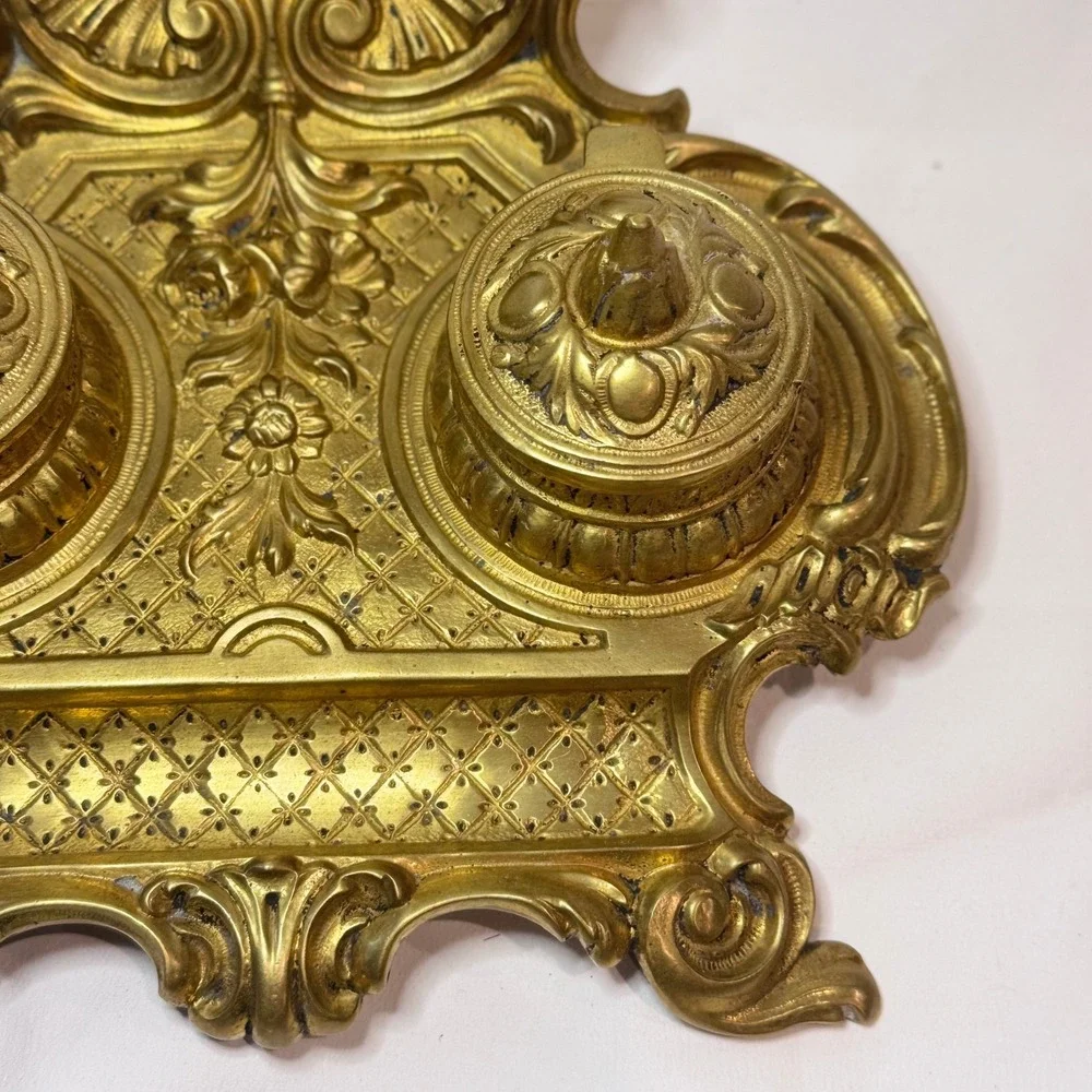 Brass Double Inkwell Antique Rococo Ornate French Art‎ Nouveau Academia Depose